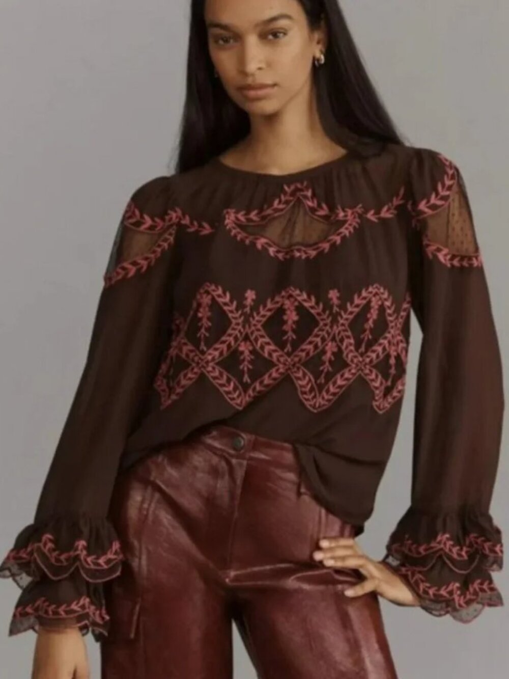Anthropologie Long Sleeve Appliqué Women’s Blouse L